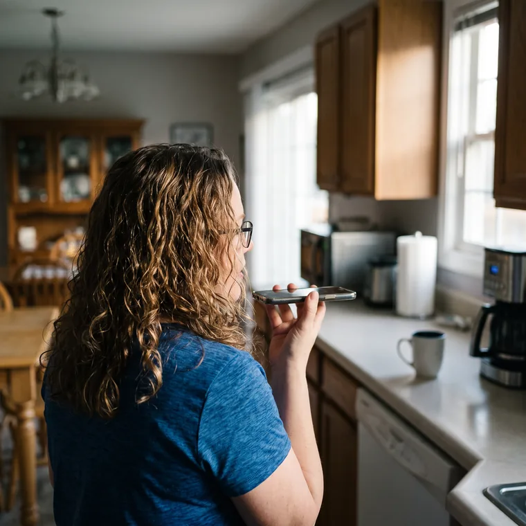 Working from a phone at the kitchen counter early in the morning